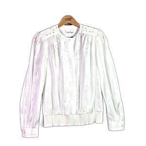 Philippe Marques Blouse White 10 Vintage Studded Pleated Crew Neck Made USA